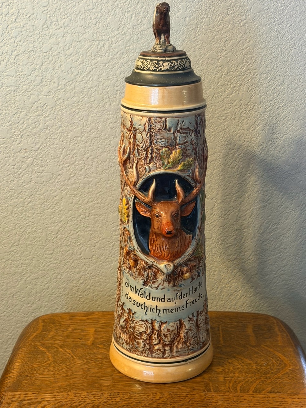 German Hunting Beer Stein 18” Hand Painted Stag Deer Ram Figural Lidded Stonewar